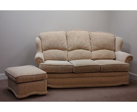 Three seat sofa (W193cm), pair matching armchairs (W88cm), and footstool upholstered in natural beige fabric   Condition Repo