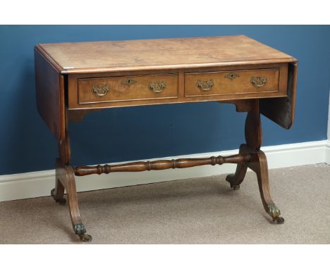 Reproduction Regency style walnut and figured walnut sofa table, W101cm, H74cm, D62cm   Condition Report   Click here for fur