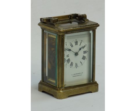 Early 20th century brass cased carriage timepiece white enamel dial signed H.L Brown & Sons Ltd, London & Sheffield, H14.5cm 