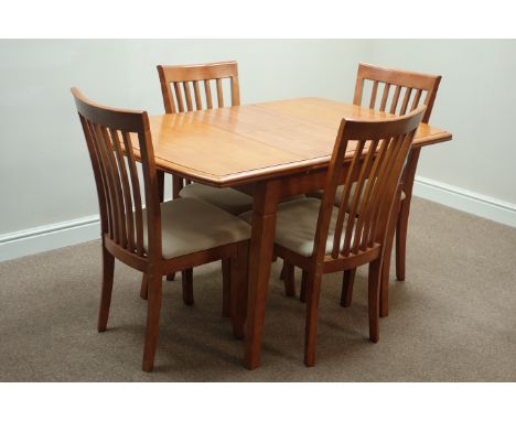 Light wood square extending dining table with fold out leaf (80cm x 90cm - 130cm), and four chairs   Condition Report   Click