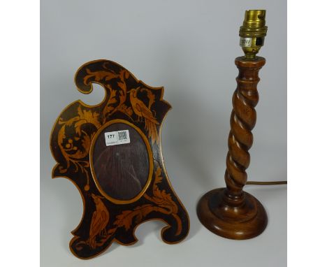 Dutch type marquetry photo frame and a turned wood hard wood lamp base (2) (This item is PAT tested - 5 day warranty from dat
