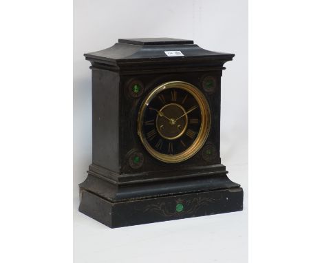 Victorian black slate mantel clock, black and brass dial, with green enamel, H38cm CLOCKS & BAROMETERS - as we are not a reta