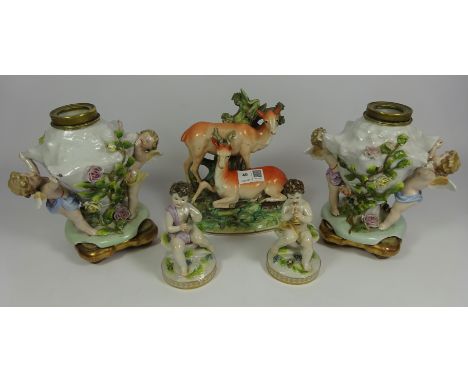 Two 19th Century continental porcelain oil lamp bases, two similar figures of boys and a 19th Century Staffordshire model of 