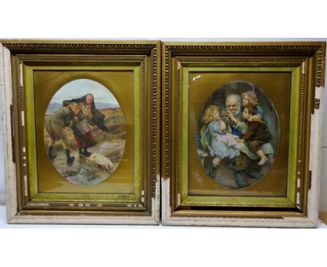 Man Smoking a Pipe with Three Children, Victorian oval colour print  and Man Lighting His Pipe with Woman and Pig, colour pri