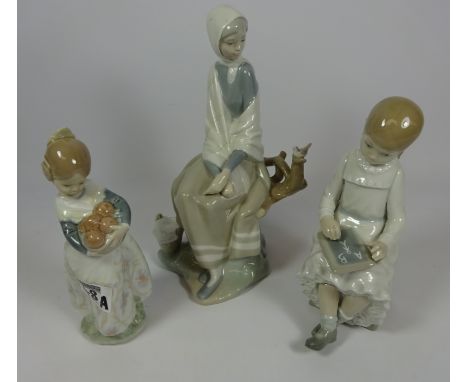 Lladro figure of a seated woman, Lladro girl with fruit basket and a Nao figure (3)   Condition Report   Click here for furth