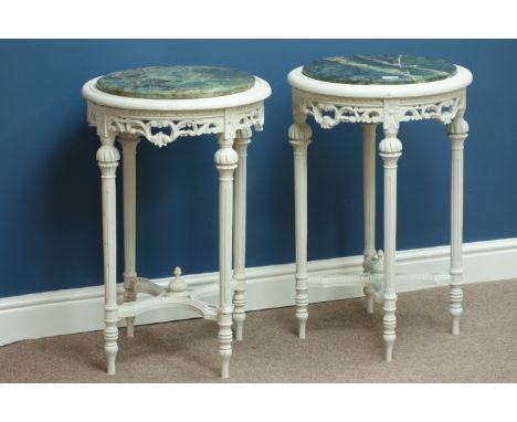 Pair ornate French style painted lamp tables with inset marble tops, D48cm, H73cm   Condition Report   Click here for further
