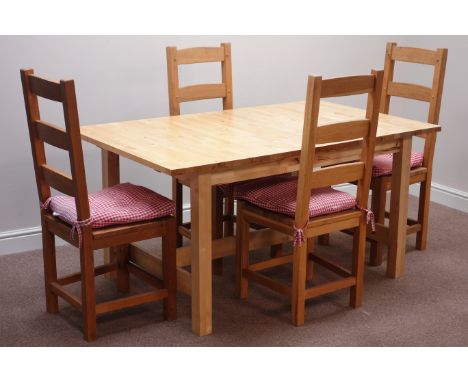 Light wood extending dining table with leaf (90cm x 152cm - 208cm, H75cm), and four oak farmhouse style ladder back chairs