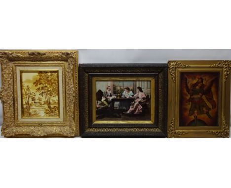 Figures Having Afternoon Tea, 20th century photographic print,  Symbol of Justice, oil on canvas unsigned and Continental Lan