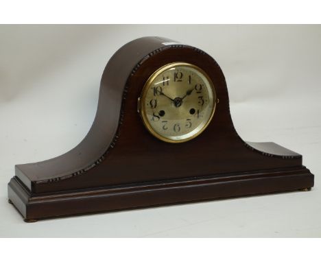 20th century mahogany cased mantel clock, twin train movement striking the half hours, brass bun feet, H28cm  CLOCKS & BAROME