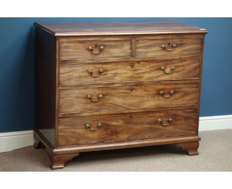 George III mahogany chest, two short and three long oak lined drawers, ogee bracket feet, W116cm, H95cm, D55cm   Condition Re