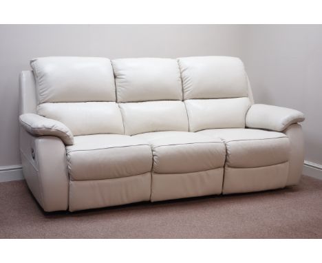 Three seat manual reclining sofa (W225cm), matching two seater (W155cm), and footstool upholstered in cream leather   Conditi