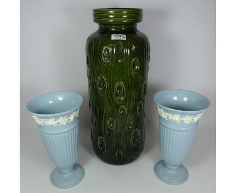 West German floor vase/ stick stand H52cm and a pair of Wedgwood classical shaped vases (3)   Condition Report   Click here f