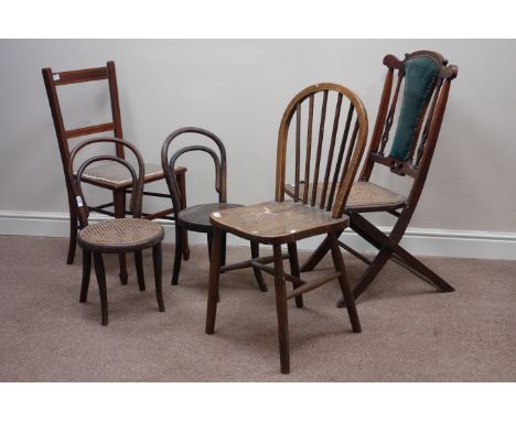 Early 20th century folding campaign chair, Edwardian side chair, stick and hoop back chair and pair bentwood chairs