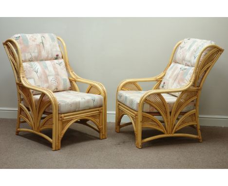 Two seat bamboo conservatory sofa (W126cm), pair matching armchairs (W72cm), with upholstered loose cushions and rectangular 