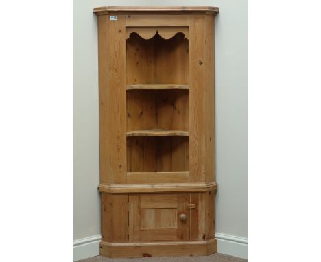 Polished pine corner shelf with cupboard, W74cm, H148cm   Condition Report   Click here for further images, condition, auctio