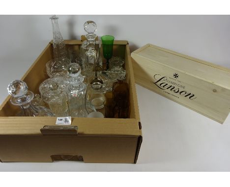 Holme Gaard decanter, Atlantis decanter, Royal Doulton decanter, Lanson champagne box and other glassware in one box    Condi