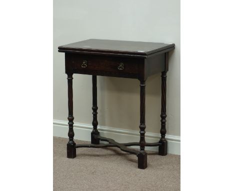 Early 20th century fold over card table, single drawer, W62cm, H73cm, D42cm   Condition Report   Click here for further image