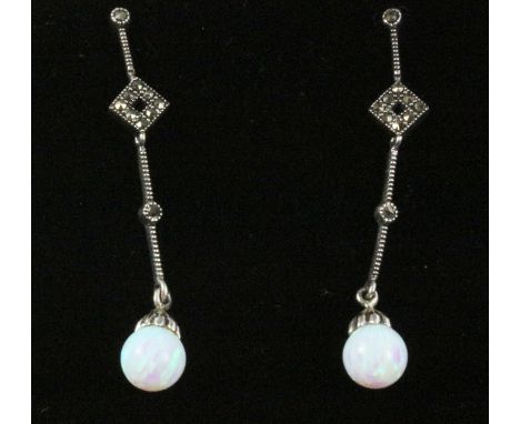 Pair of opal and marcasite drop ear-rings stamped 925   Condition Report   Click here for further images, condition, auction 