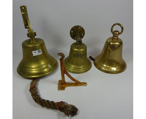 Brass wall mounted bell, another brass fire bell and a brass bell marked 'Winkworth' and sperate bracket    Condition Report 