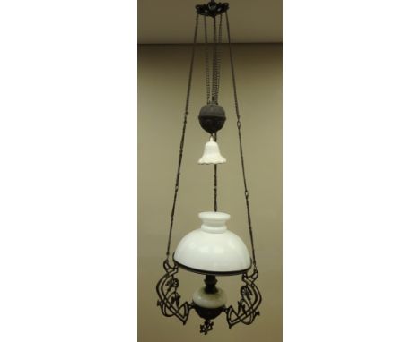 Late 19th early 20th Century 'rise and fall' centre oil lamp with Art Nouveau decoration     Condition Report   Click here fo