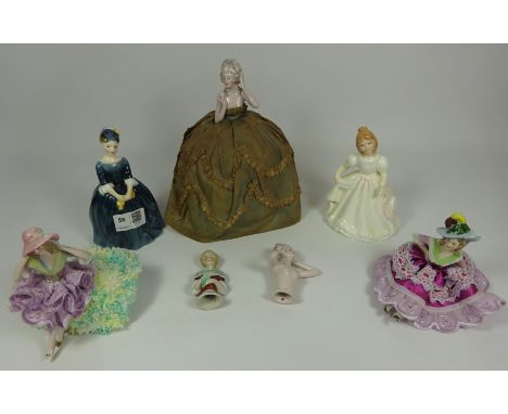Two Royal Doulton figures 'Amanda' and 'Cherie' and five early to mid 20th Century pin cushion dolls    Condition Report   Cl