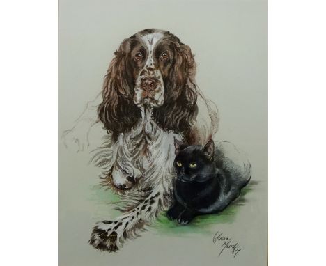 'Penny & Tut', Portrait of Spaniel and Cat, pastel signed and dated Susan Maud '87, 57cm x 45cm   Condition Report   Click he