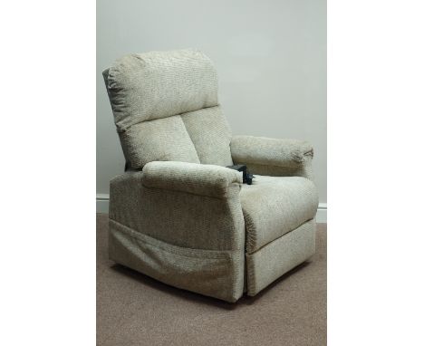 Electric riser reclining armchair upholstered in oat meal fabric (This item is PAT tested - 5 day warranty from date of sale)