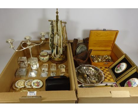 Zsolnay faience pot, aneroid barometer, costume jewellery and miscellanea in two boxes    Condition Report   Click here for f