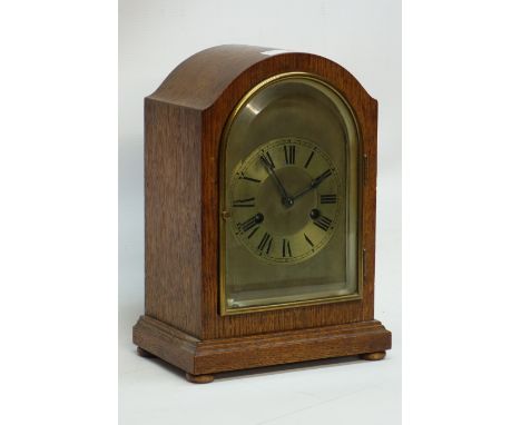 Early 20th century oak cased dome top mantel clock, eight day striking movement, H29cm CLOCKS & BAROMETERS - as we are not a 