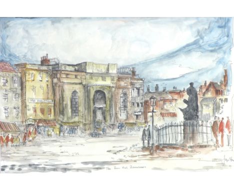 Jago Stone (British, 1928-1988): 'The Bull Ring, Birmingham', a pen and watercolour study, signed lower right corner, 32.5 by