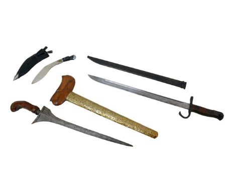 An Indonesian kris, with carved wooden handle, brass wrapped scabbard, blade length 33cm long, overall length 44cm,  together