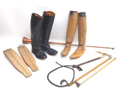 A group of hunting related items, including a pair of leather riding boots, style 5802, size 7, two pairs of boot trees, one 