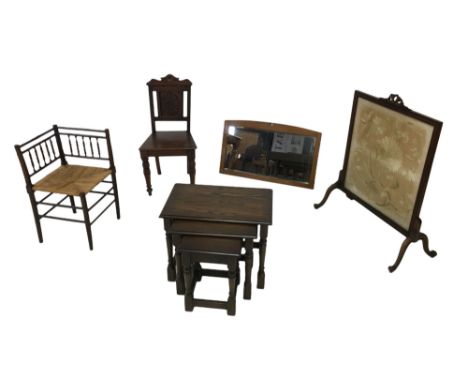 A group of furniture, comprising a Victorian corner chair with rush seat, an oak framed wall mirror, a Victorian oak hall cha