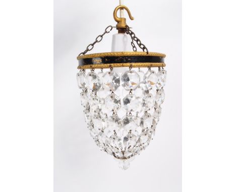 An early 20th century glass &amp; gilt metal empire cut glass drop chandelier shade light. The electrolier having gilt metal 