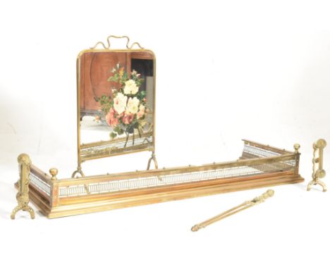 19th century Victorian fire fender brass kerb with pierced gallery, fireside companions and a mirror glass fire screen panel 