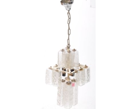 A mid 20th century Italian Murano glass corteccia tree bark design glass chandelier. The chandelier having a series of square