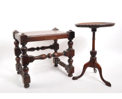 A late 19th Century vintage bobbin leg joint stool / foot stool raised on block feet below turned supports, united by stretch