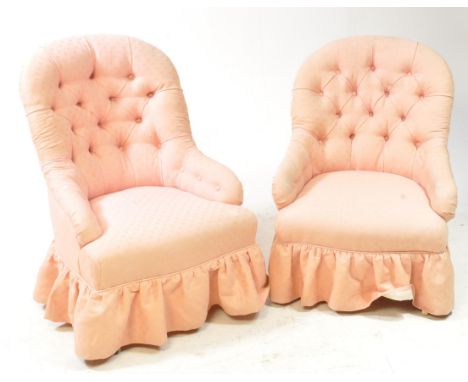 Pair of 19th century Victorian pink upholstered nursing boudoir / bedroom chairs, mahogany turned legs terminating in castors