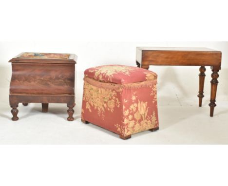 A Victorian 19th century upholstered ottoman box with fabric liner. Together with a mahogany bidet stool with lift up top and