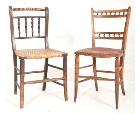 Two late 19th century Victorian North Country bobbin turned chairs. Each chair raised on tapered supports, one featuring a re