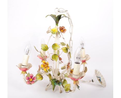 A 20th century Italian hand painted metal toleware four arm chandelier. The chandelier having four scrolled arms, each termin