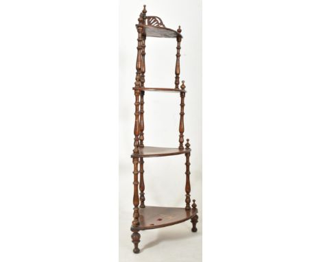 Victorian 19th century marquetry inlaid whatnot etagere. Turned columns with triangular graduating shelves with pierced galle