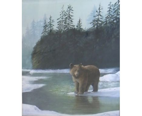 J.B.PASKIN; watercolour and pastel, depicting a brown bear hunting for fish in a river bed, signed lower right and dated '98,