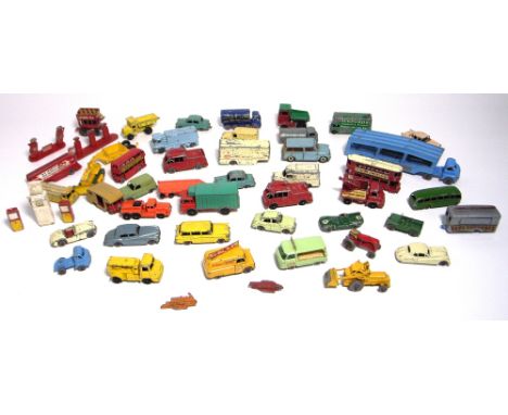 Eleven play worn Dinky vehicles to include an early model Daimler ambulance, Bedford Dustcart etc, five Matchbox vehicles to 