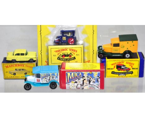 Four Matchbox series diecast vehicles to include a limited edition Aveling Barford road roller and a model "T" van produced t