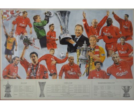 After Patrick Loan; a signed limited edition coloured print of the Liverpool FC team and manager who won the treble consistin