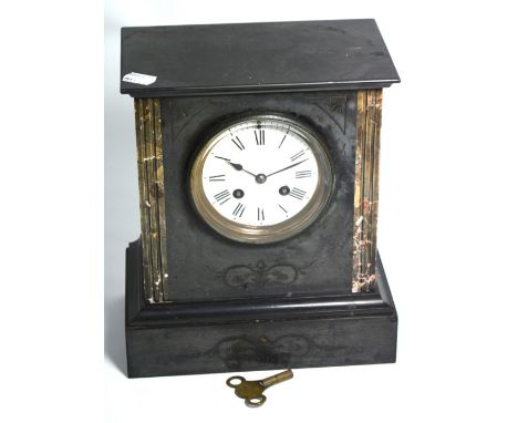 A 19th century French slate mantel clock, the dial set with Roman numerals, height 27cm (af).