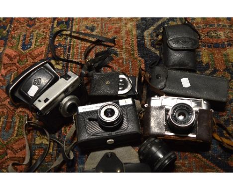 A Minolta Riva 70W compact 35mm camera, Cosmic Symbol, Agfa Iso-Rapid and a Yahica J, all with cases. Also a Prinz 110 camera