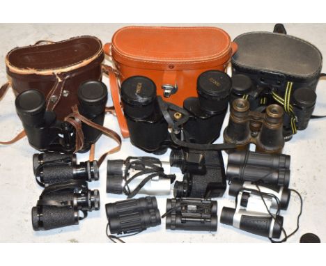A pair of Zenith 16 x 50 binoculars, Regent 8 x 40, Miranda 8 x 30, King 20 x 50 all cased, together with a quantity of compa