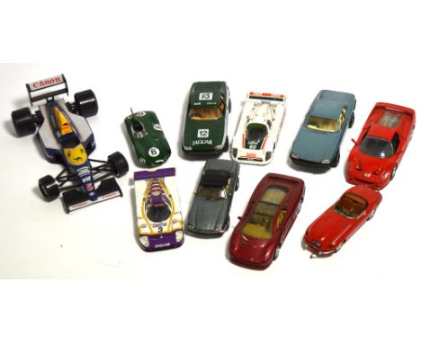 Nine assorted diecast models of various Jaguar cars from Dinky and Corgi, also a Burago 1/24 scale model of a Williams Formul